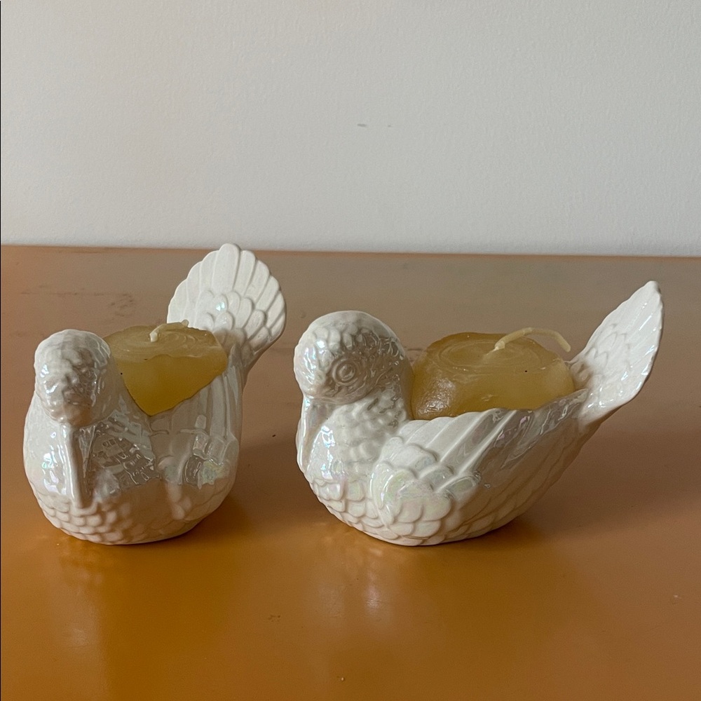 Vintage Irridescent White Dove Shaped Candle Holders Pair